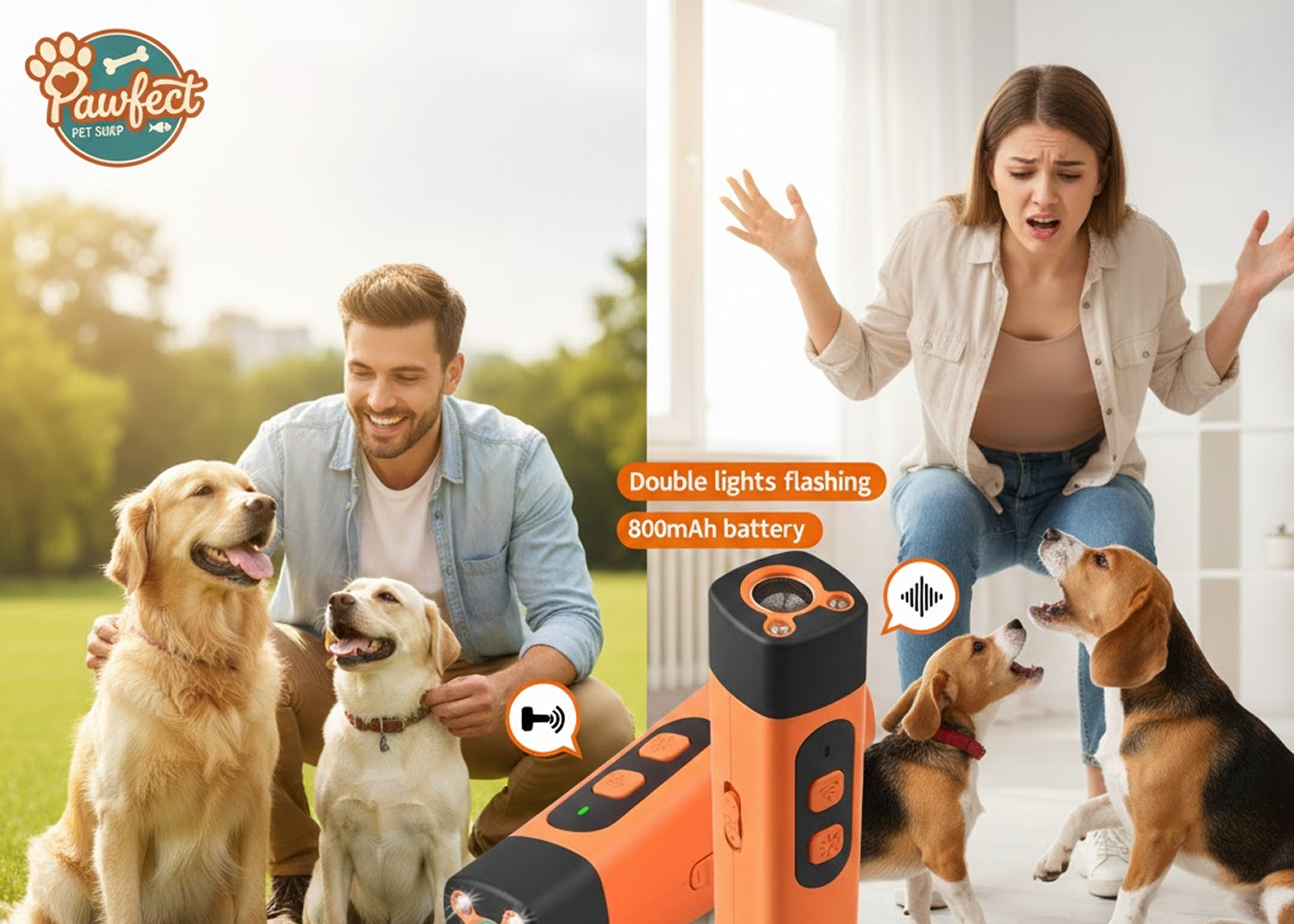 Advertisement for a ultrasonic device from PAWFECT PET SHOP with images of dogs and a person, and text about product features and call to action.